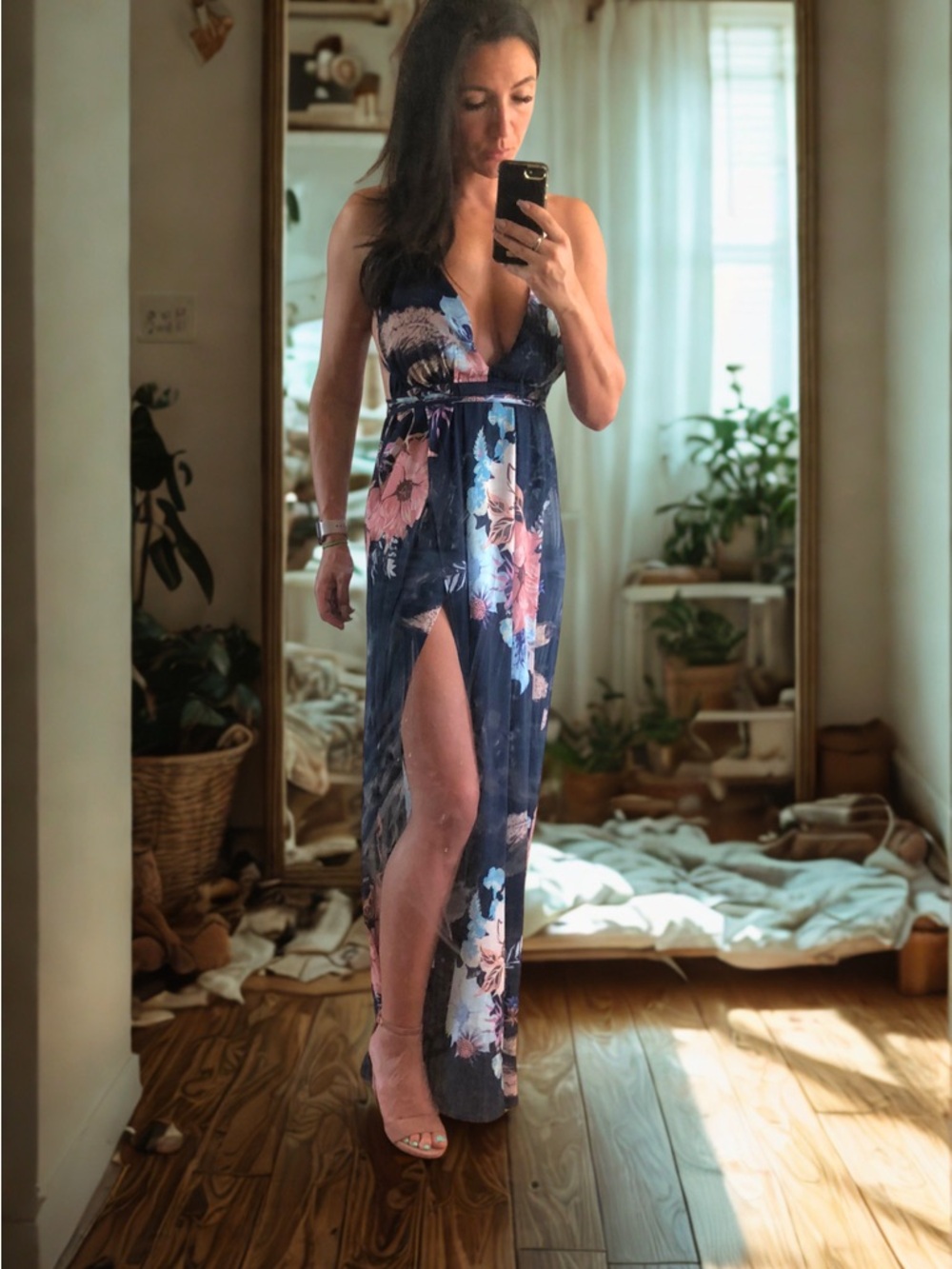 Dark Floral Deep V Maxi Dress Open Back Tie Strappy Slip Dress S